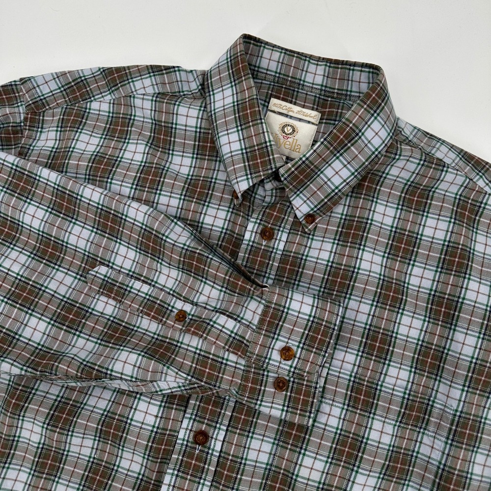 Viyella Mens Plaid Button Down Shirt 16.5 42cm Cotton Wool Blend Brown Green